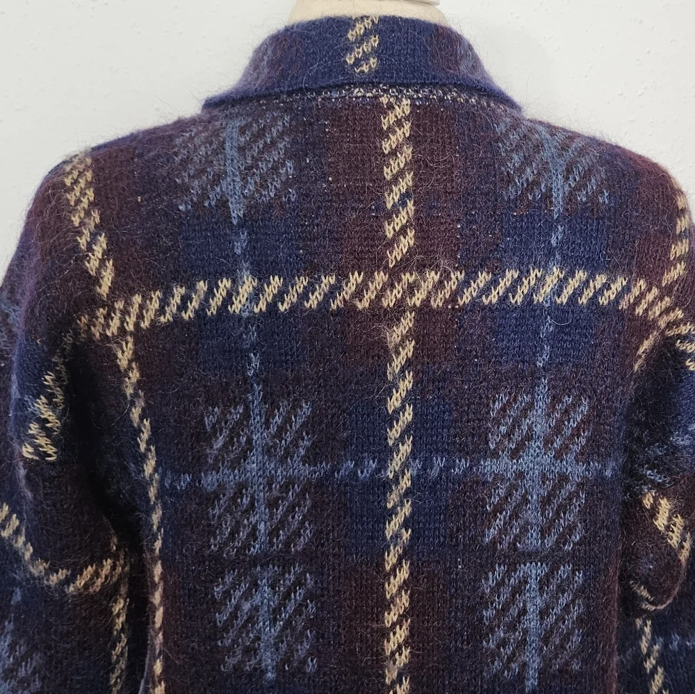 Vintage Mohair Blend Plaid Oversized Cardigan Sweater Navy Burgundy Tan M - Picture 7 of 11